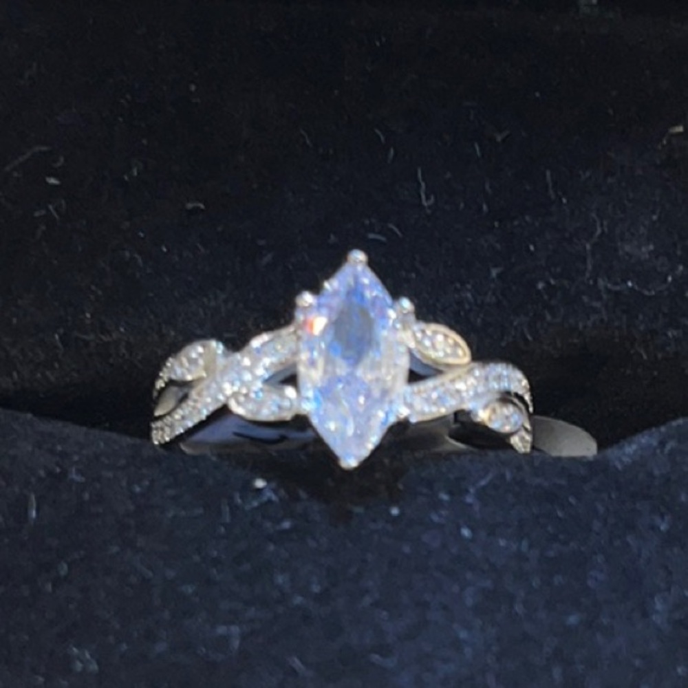 Elegant Silver Overlay CZ Marquise-Cut Ring